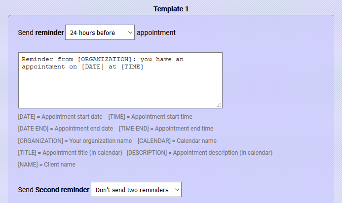 Main appointment template for text message reminder