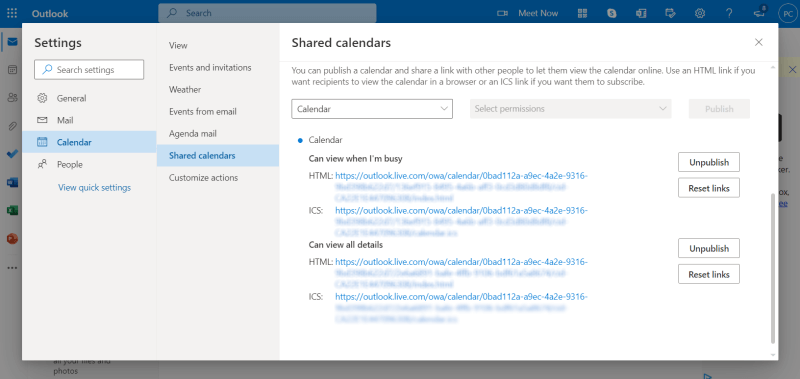 Linking to a Calendar in Outlook.com via ICS